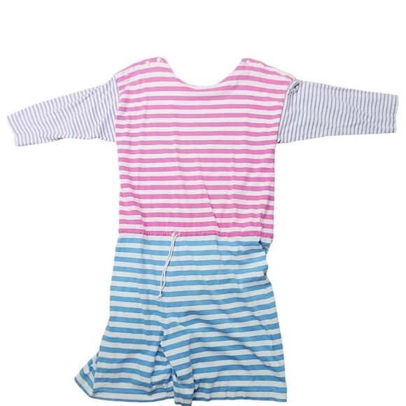 Vintage 90s Pink Blue Striped Preppy Drawstring Waist Romper - Picture 1 of 16